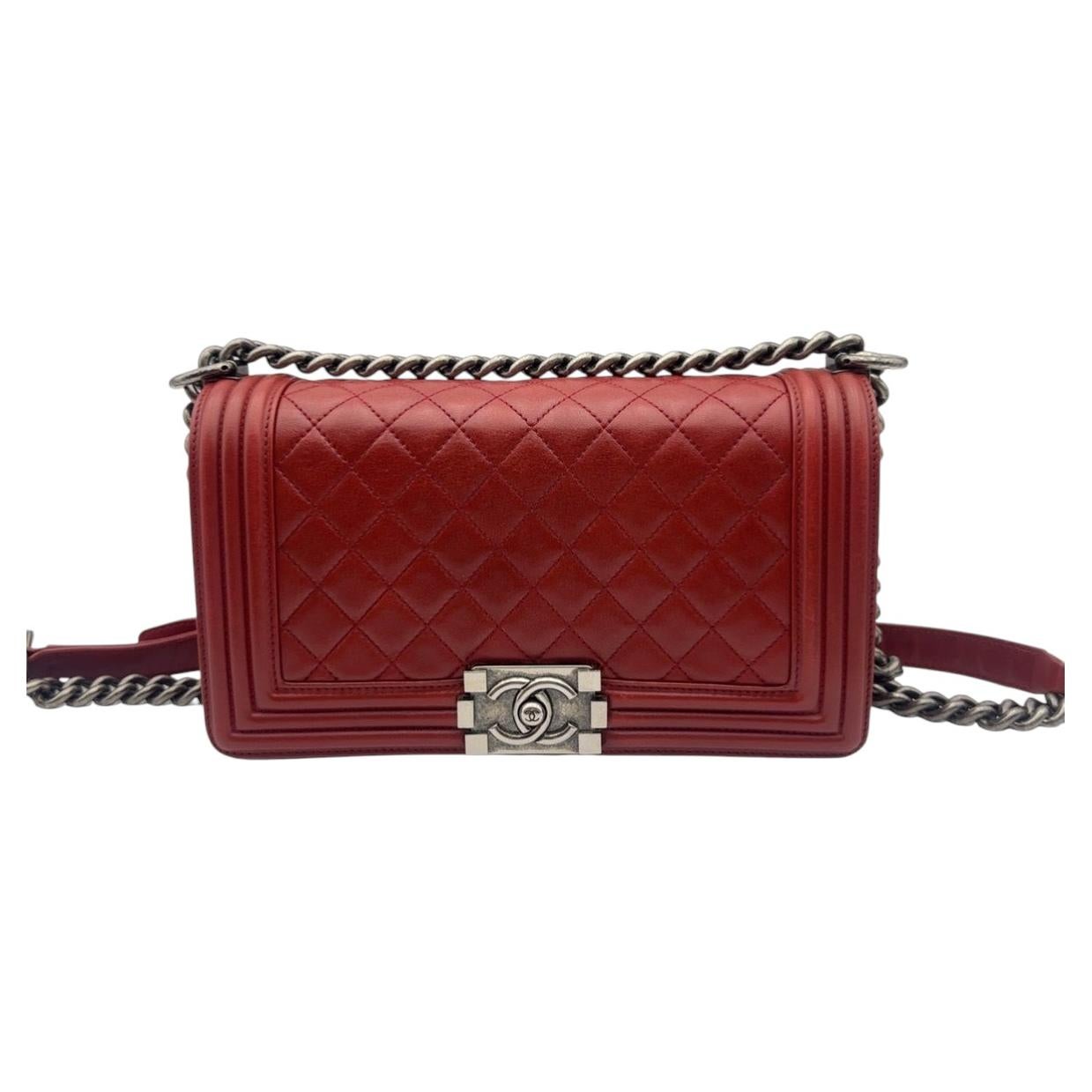 Chanel Boy Flap Bag Red Quilted Leather Ruthenium Hardware Medium Shoulder Bag For Sale