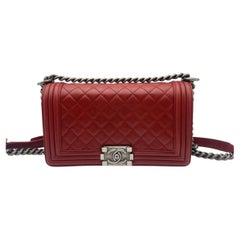 Chanel Boy Flap Bag Red Quilted Leather Ruthenium Hardware Medium Shoulder Bag
