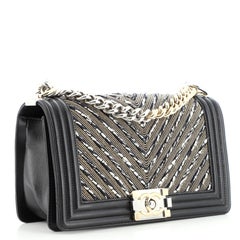 Chanel Boy Flap Bag Studded Chevron Calfskin with Tweed Old Medium