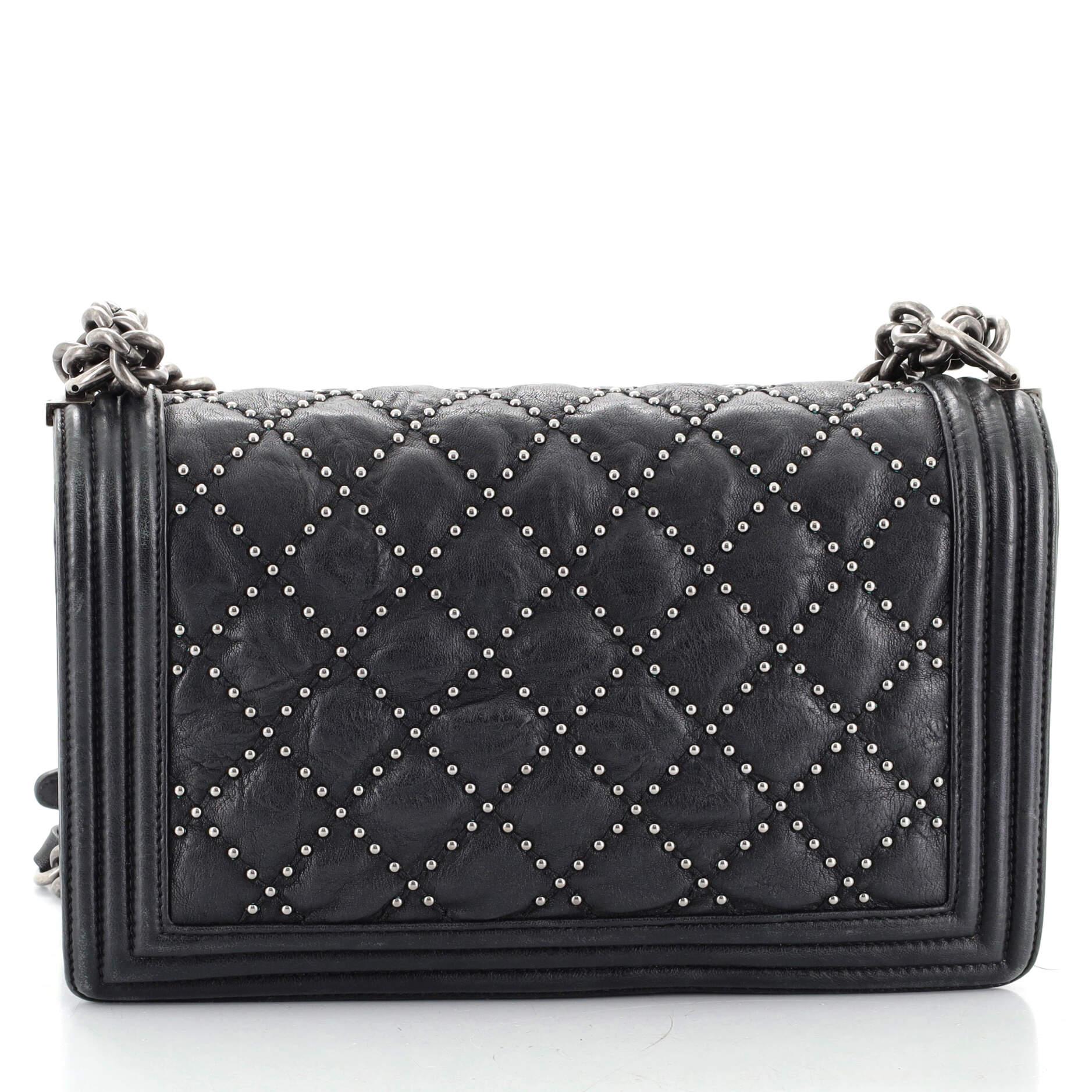 Chanel Boy Flap Bag Studded Quilted Distressed Calfskin New Medium In Good Condition In NY, NY