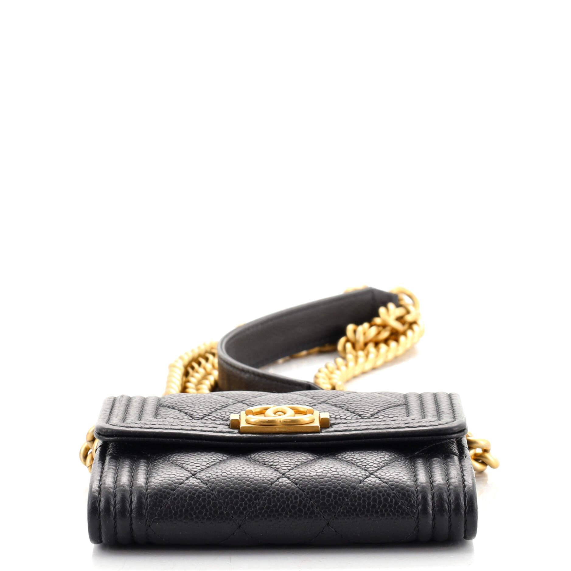 Black Chanel Boy Flap Card Holder on Chain Quilted Caviar