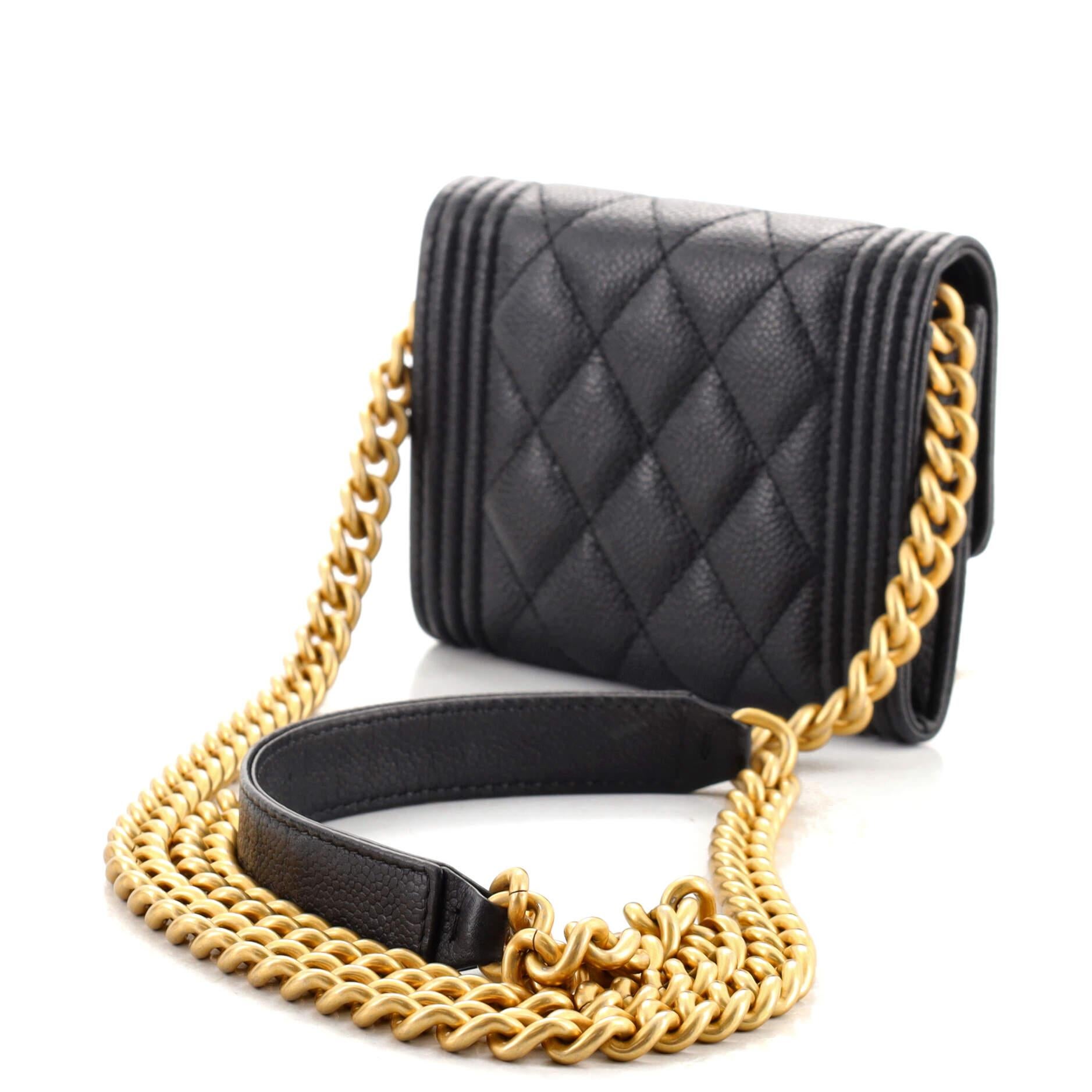 Women's or Men's Chanel Boy Flap Card Holder on Chain Quilted Caviar