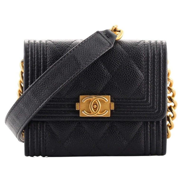 Chanel Boy Flap Card Holder on Chain Quilted Caviar at 1stDibs