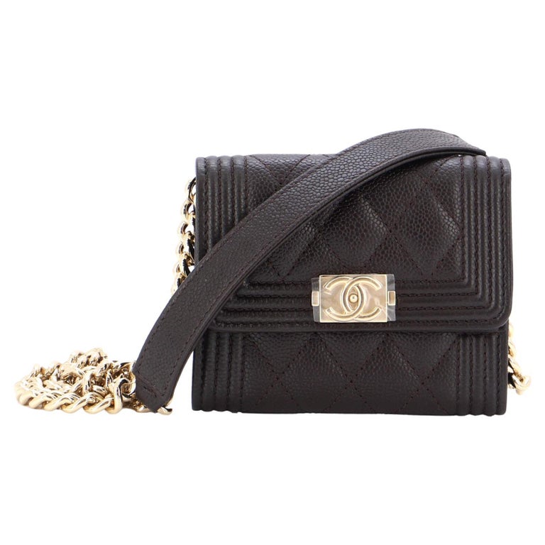 Chanel Boy Flap Card Holder on Chain Quilted Caviar For Sale at