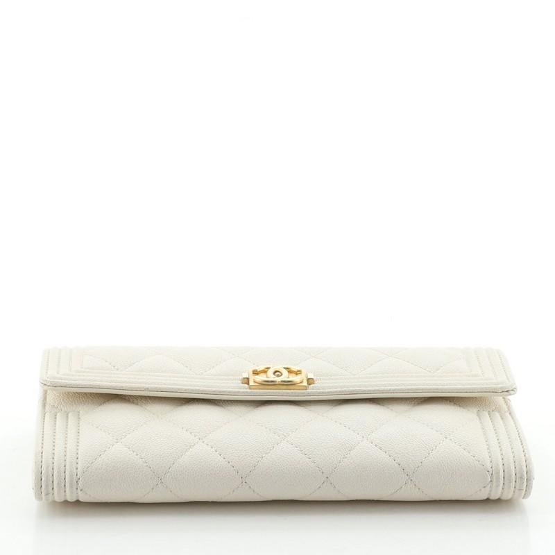 Beige Chanel Boy Flap Wallet Quilted Caviar Long