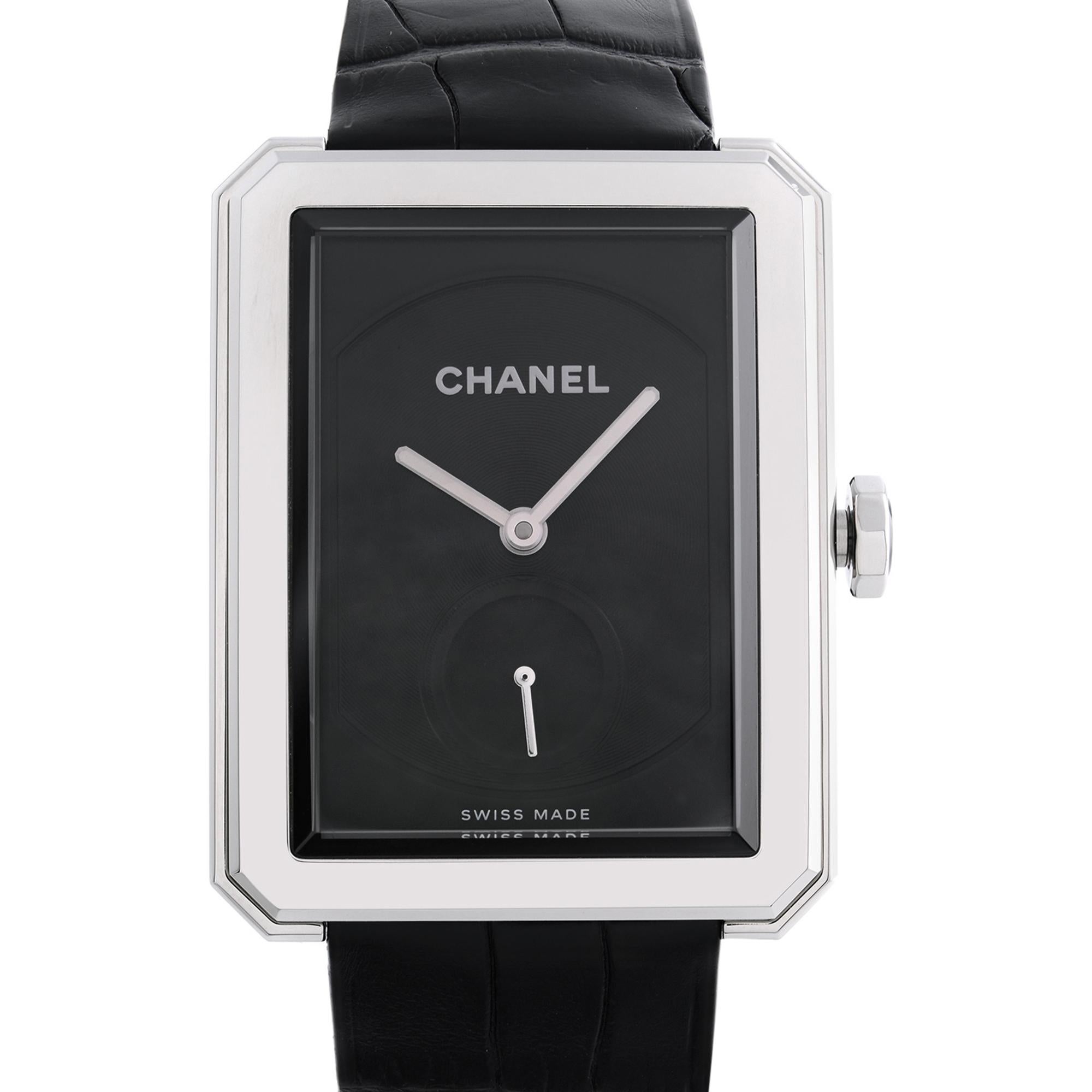 Unworn Chanel Boy-Friend Stainless Steel Black Dial Hand Wind Ladies Watch. This Beautiful Timepiece Features: Stainless Steel Case with a Black (Alligator) Leather Strap, Fixed Stainless Steel Bezel, Black Guilloche Dial with Silver-Tone Hands. No