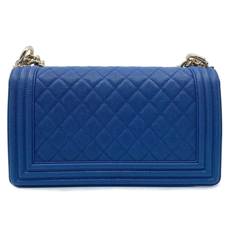 Chanel Boy Gold Tone Chain leather Blue Shoulder Ladies Bag at 1stDibs