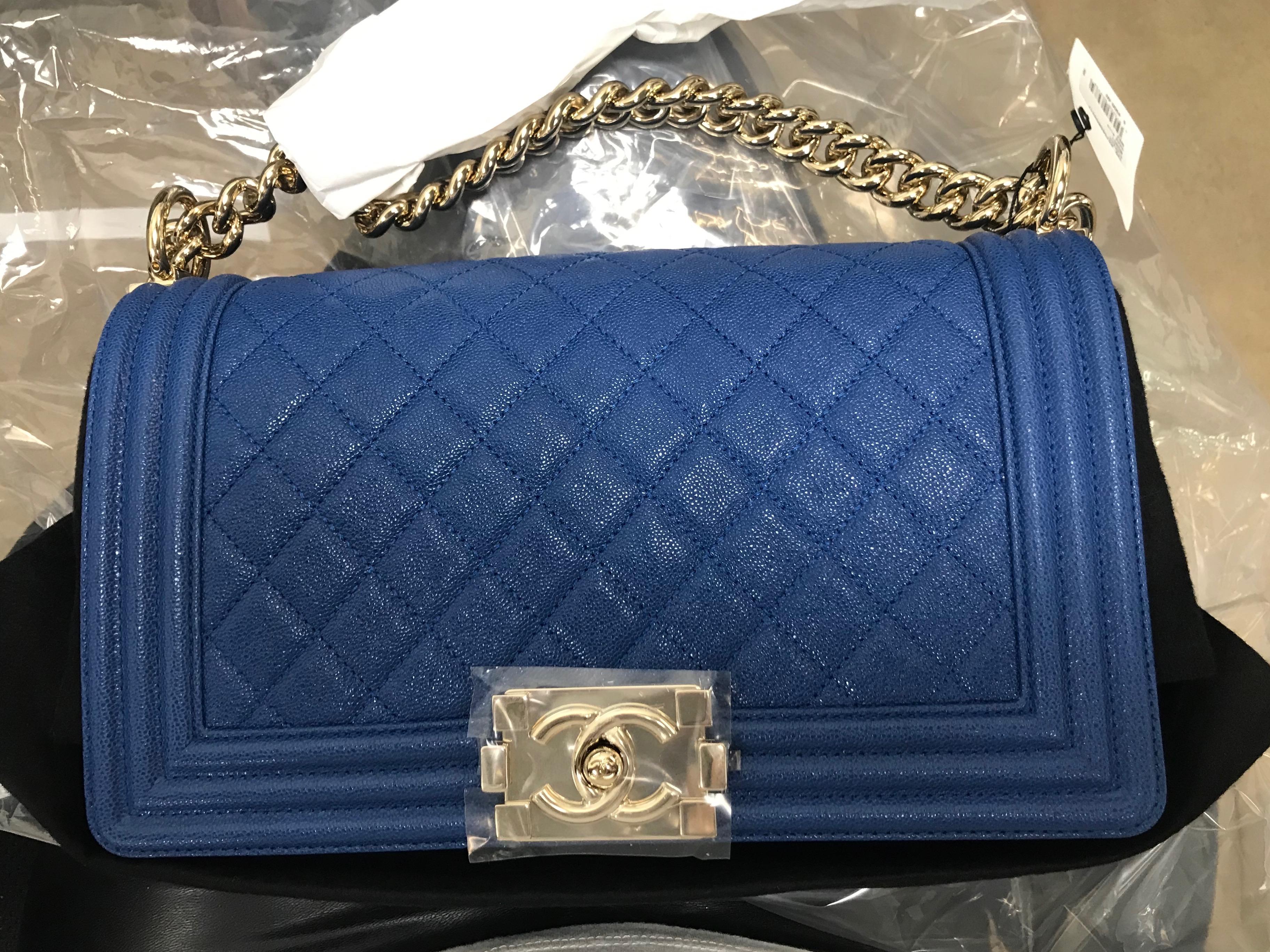 Chanel Boy Gold Tone Chain leather Blue Shoulder Ladies Bag  2