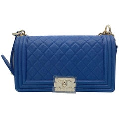 Chanel Boy Gold Tone Chain leather Blue Shoulder Ladies Bag