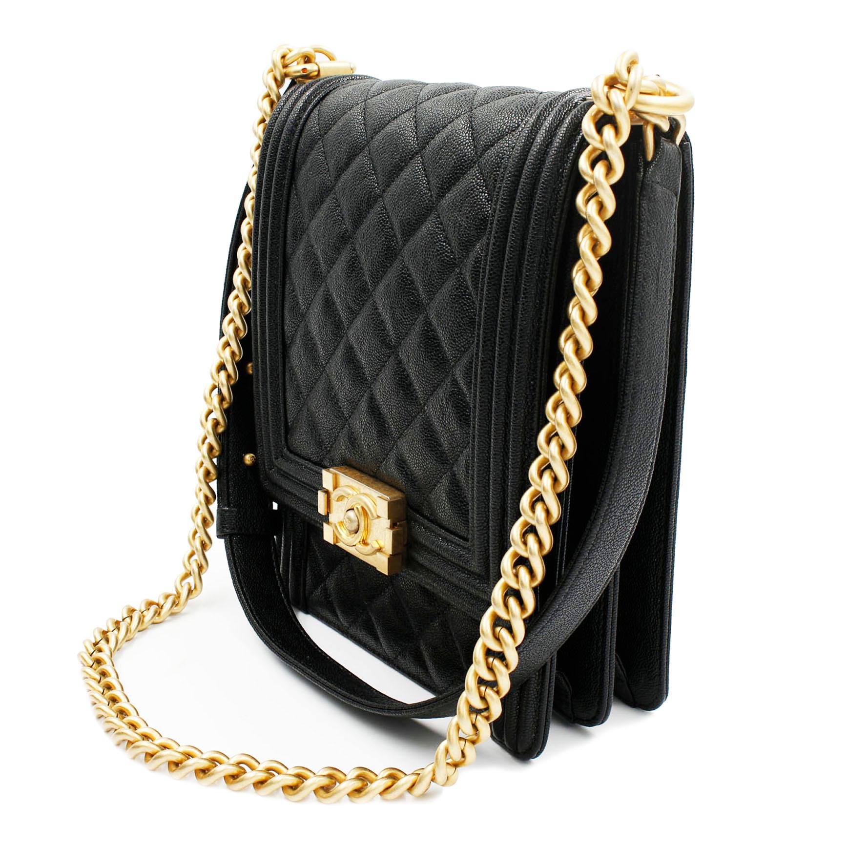 Chanel Boy Handbag Grained Calfskin Gold Tone Black Leather Flap Bag at