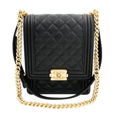 Chanel Boy Handbag Grained Calfskin Gold Tone Black Leather Flap Bag