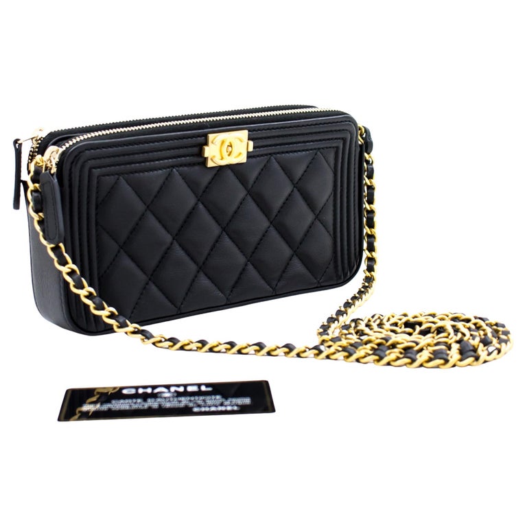 CHANEL Boy Lambskin Black WOC Wallet On Chain W Zip Shoulder Bag