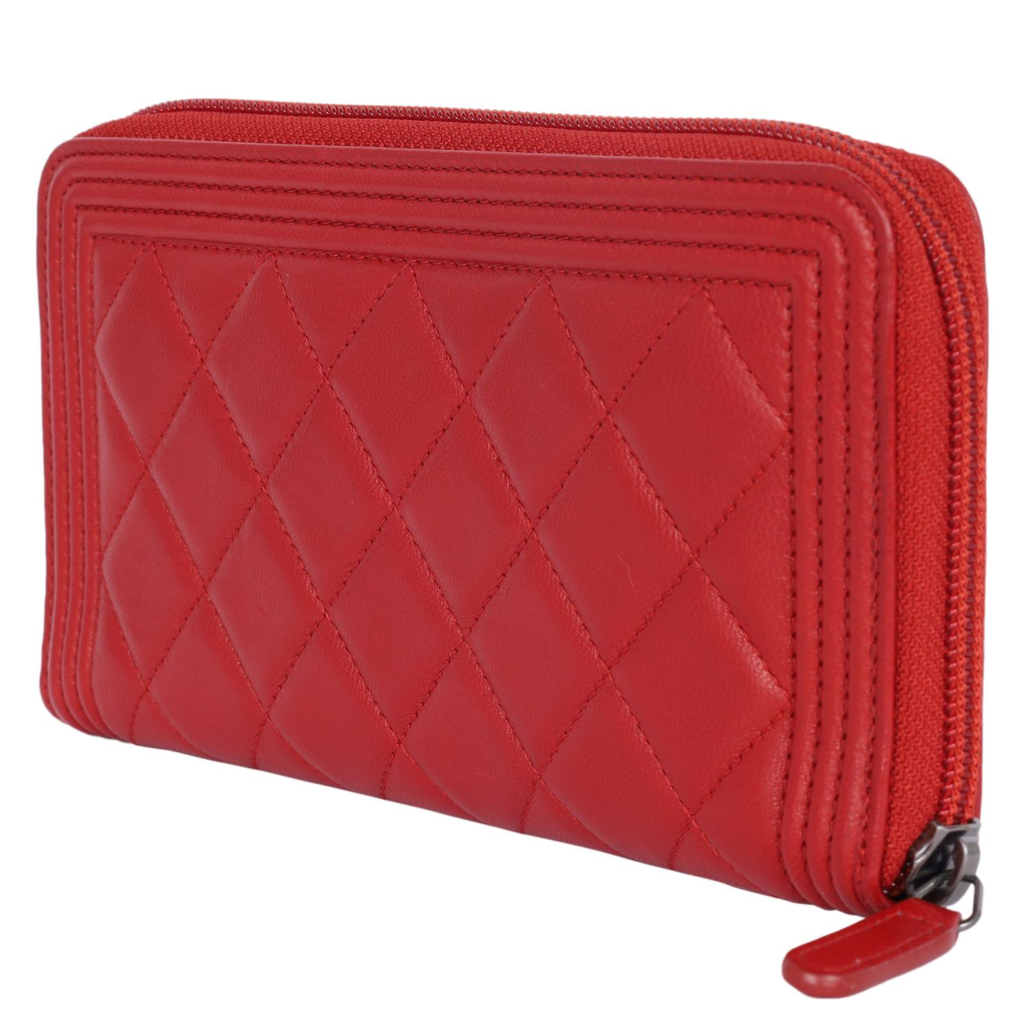 Chanel Boy Lambskin Zip Around Long Wallet Red For Sale 2