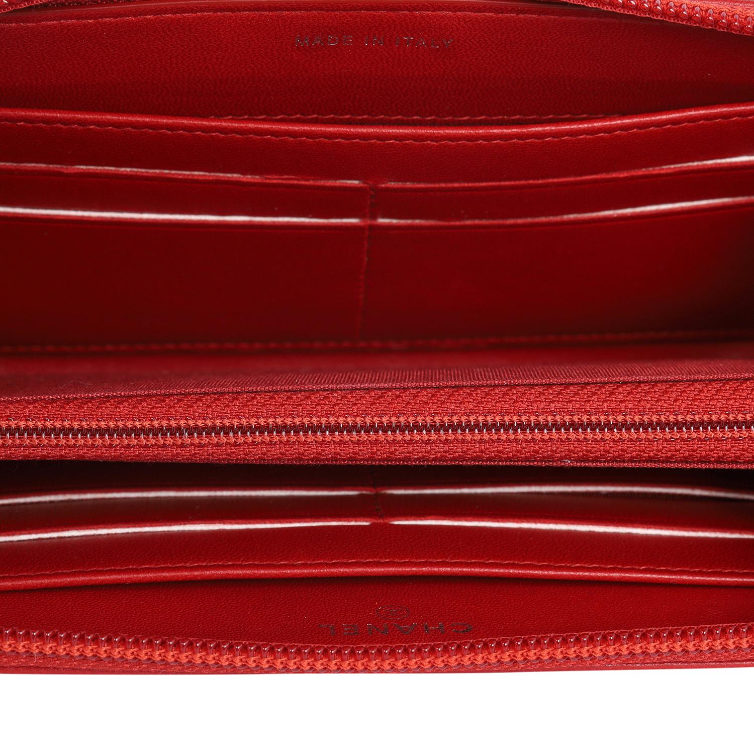 Chanel Boy Lambskin Zip Around Long Wallet Red For Sale 5