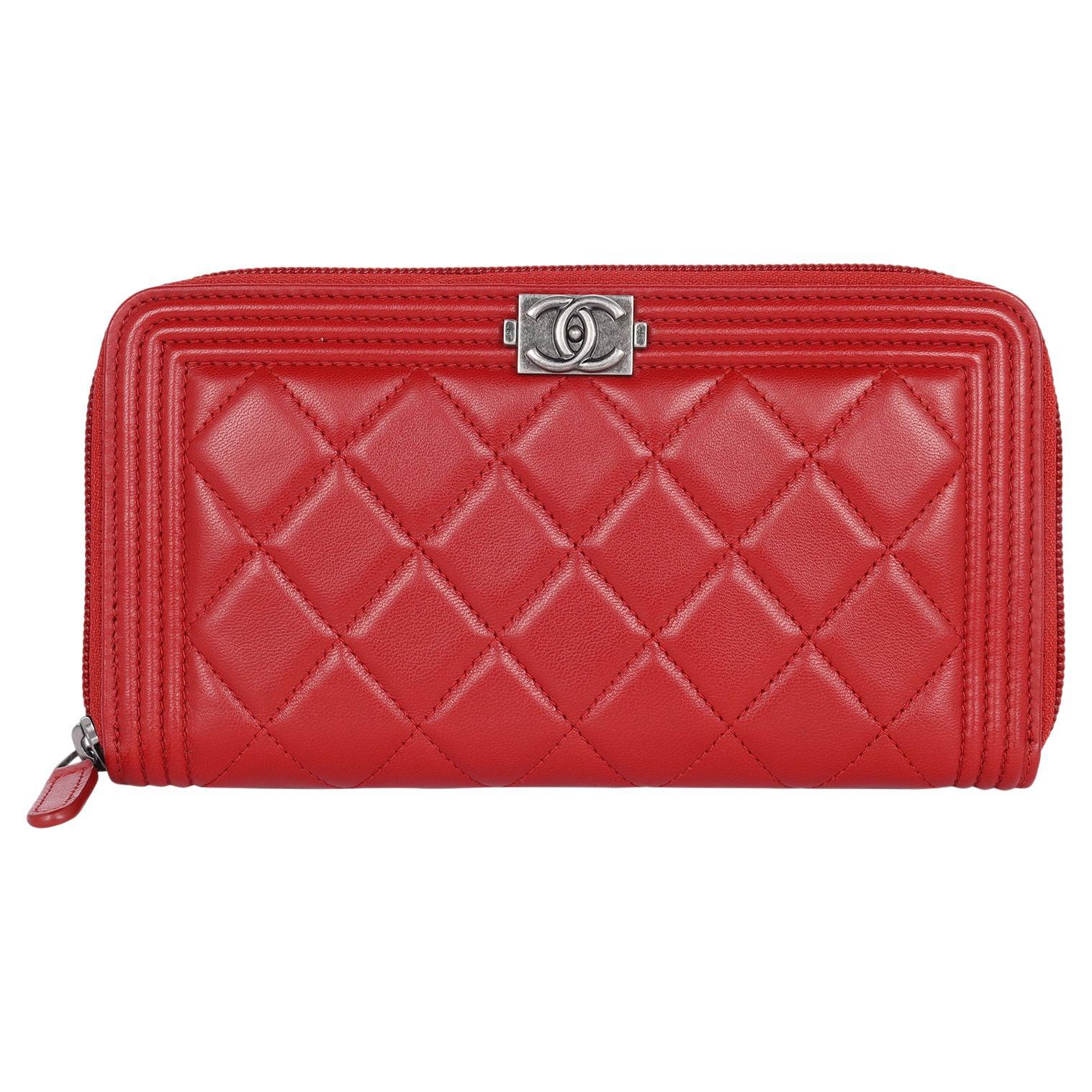 Chanel Boy Lambskin Zip Around Long Wallet Red For Sale