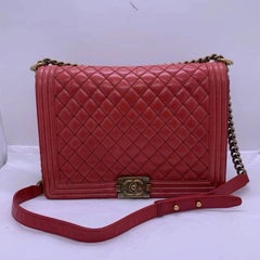 CHANEL Boy Large Handbag Red Ox Hide Leather Chain Shoulder Bag