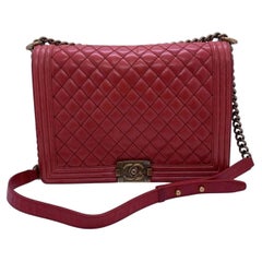 CHANEL Boy Large Handbag Red Ox Hide Leather Chain Shoulder Bag