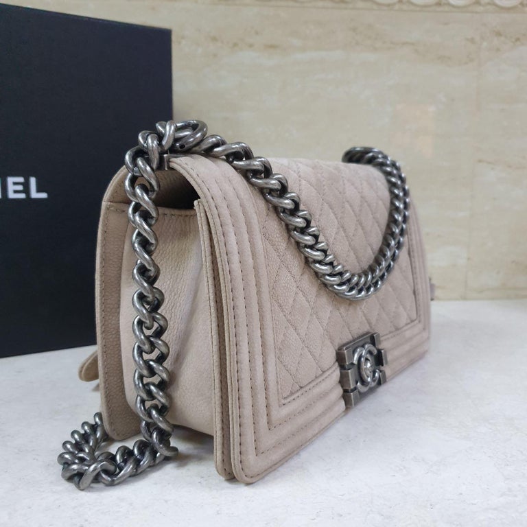 Chanel Boy Medium Beige Suede Caviar Leather Handbag