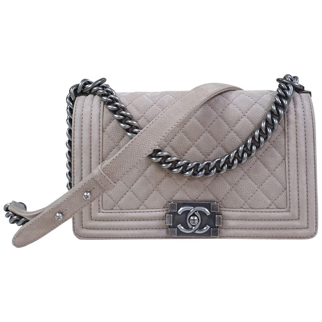 Chanel Boy Medium Beige Suede Caviar Leather Handbag For Sale at 1stDibs