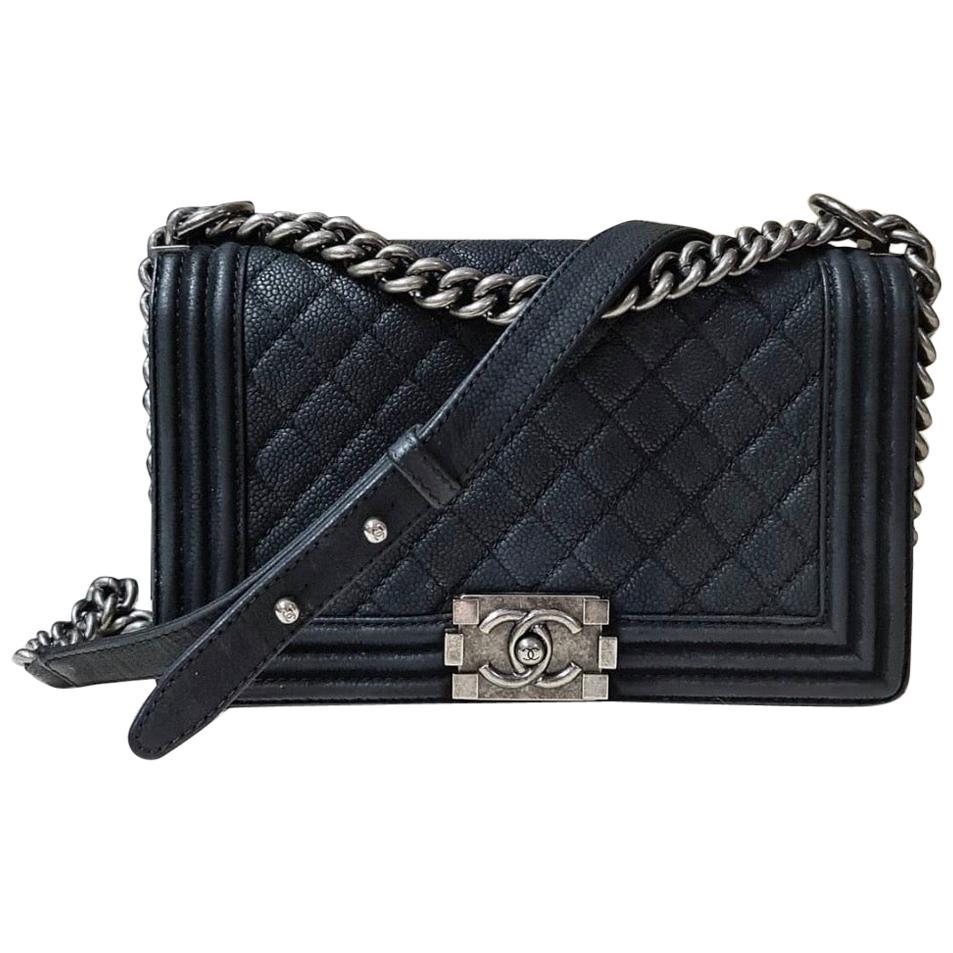 Chanel Boy Medium Black Suede Caviar Leather Handbag