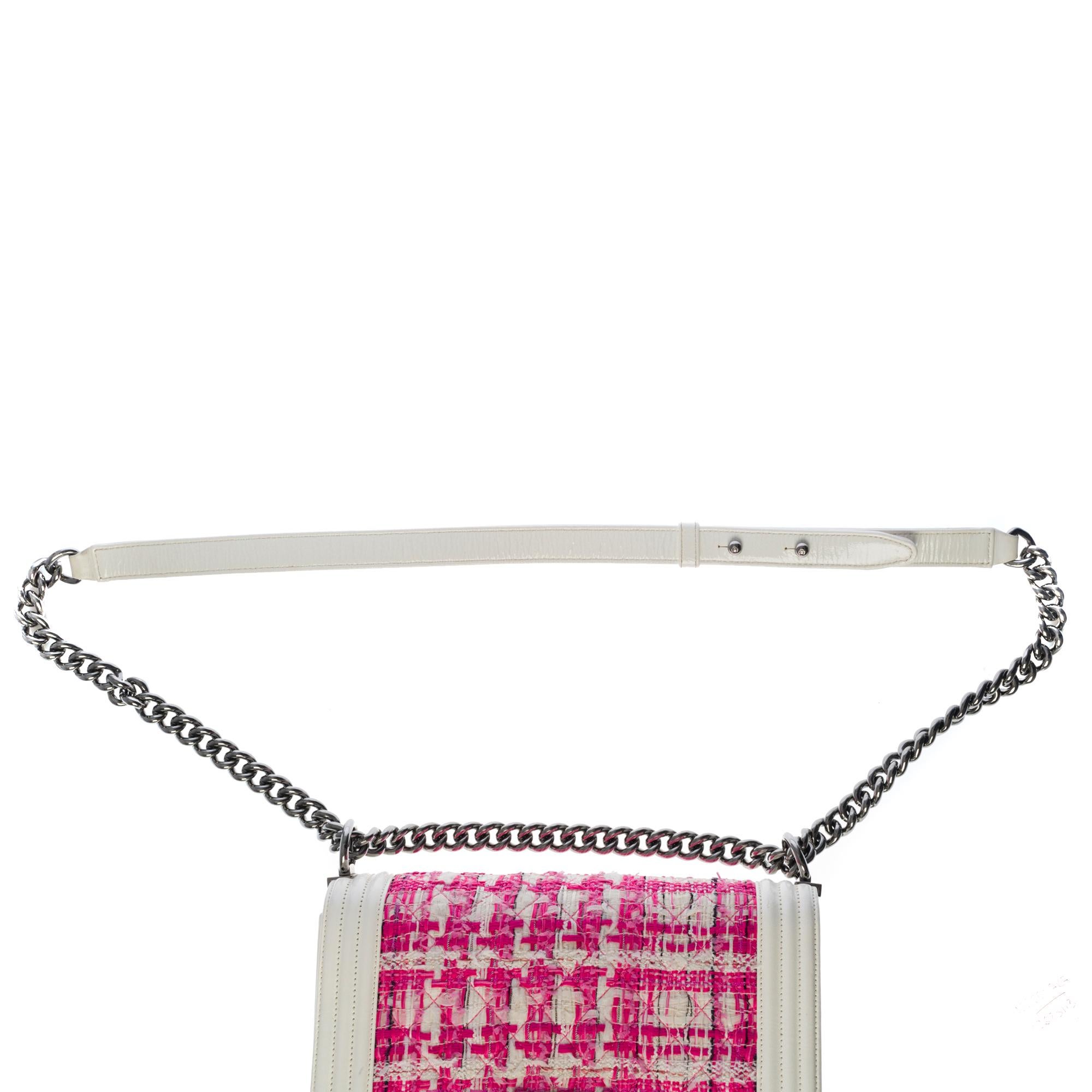 Women's Chanel Boy medium shoulder bag in white/Pink Tweed & white patent leather, SHW