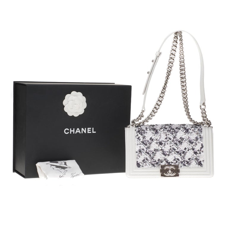 Chanel boy medium size shoulder bag in white and grey sequins, silver  hardware