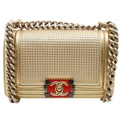 Chanel Boy Metallic Gold Cube Embossed Leather Flap Crossbody Bag