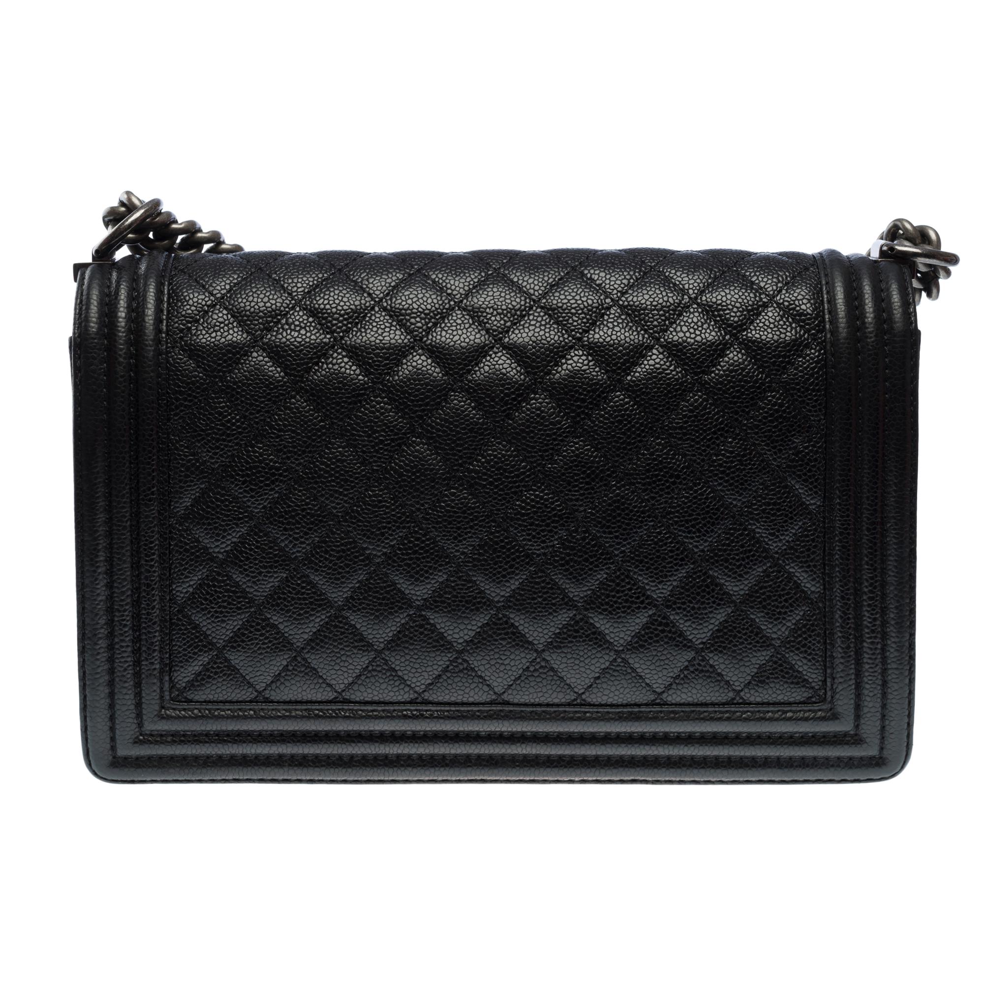 Black Chanel Boy New medium shoulder bag in black caviar quilted leather, SHW !