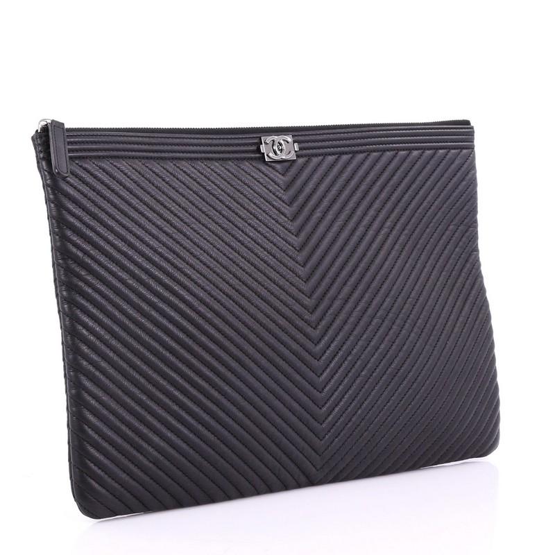 Black Chanel Boy O Case Clutch Chevron Quilted Lambskin Large