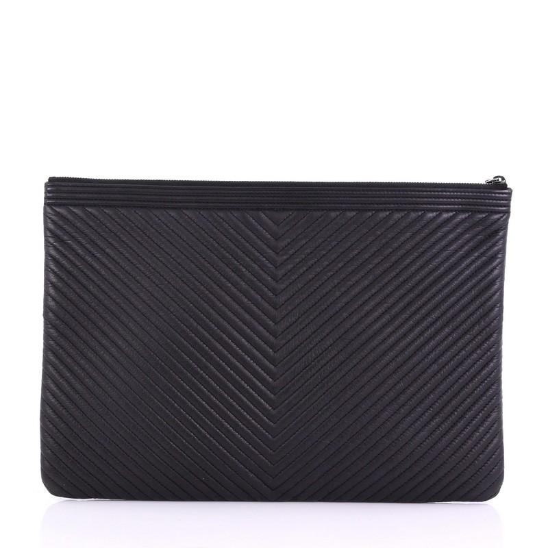 Chanel Boy O Case Clutch Chevron Quilted Lambskin Large In Good Condition In NY, NY