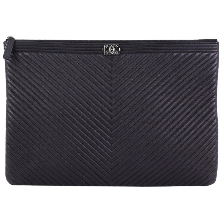 Chanel Boy O Case Clutch Chevron Quilted Lambskin Large