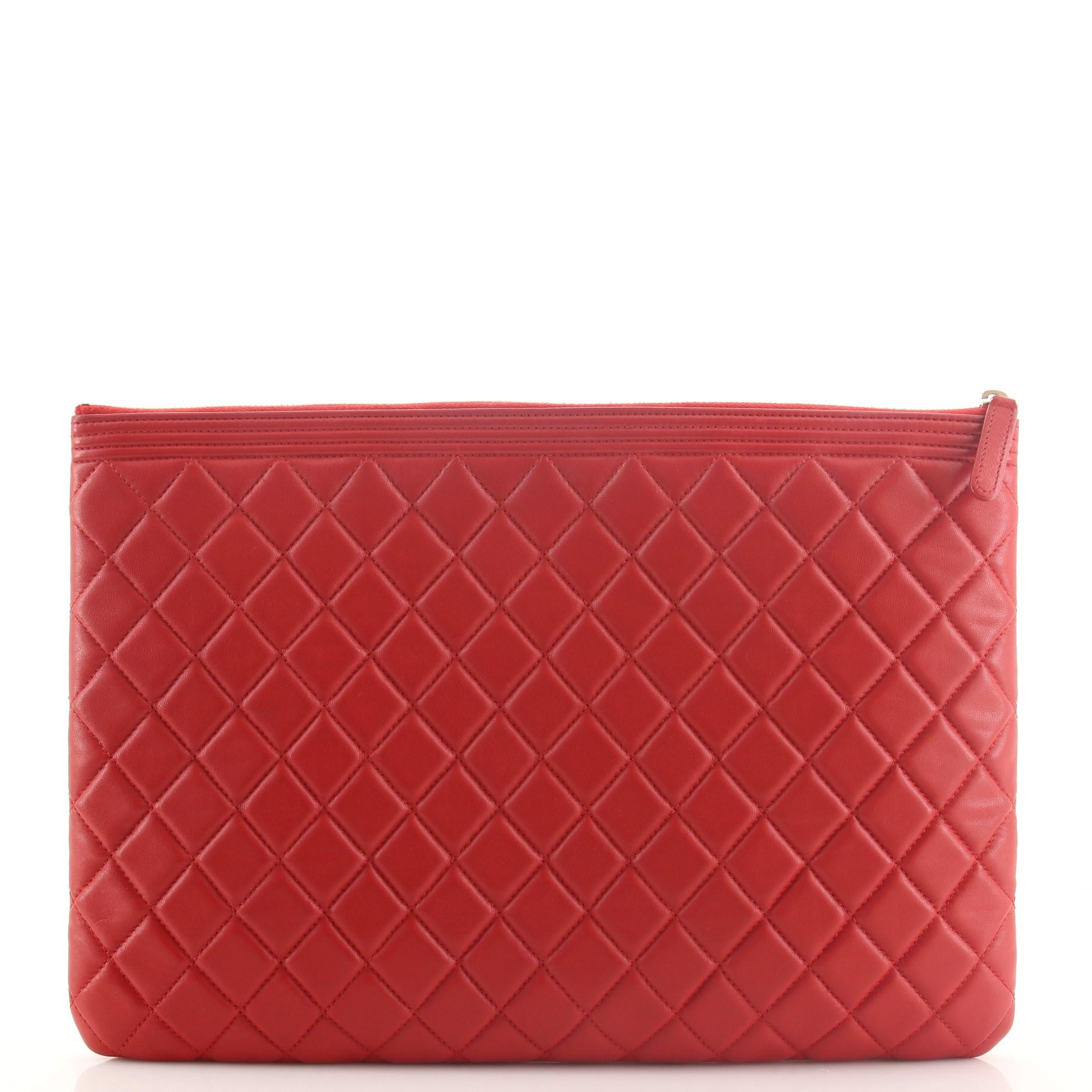 Red Chanel Boy O Case Clutch Quilted Lambskin Large