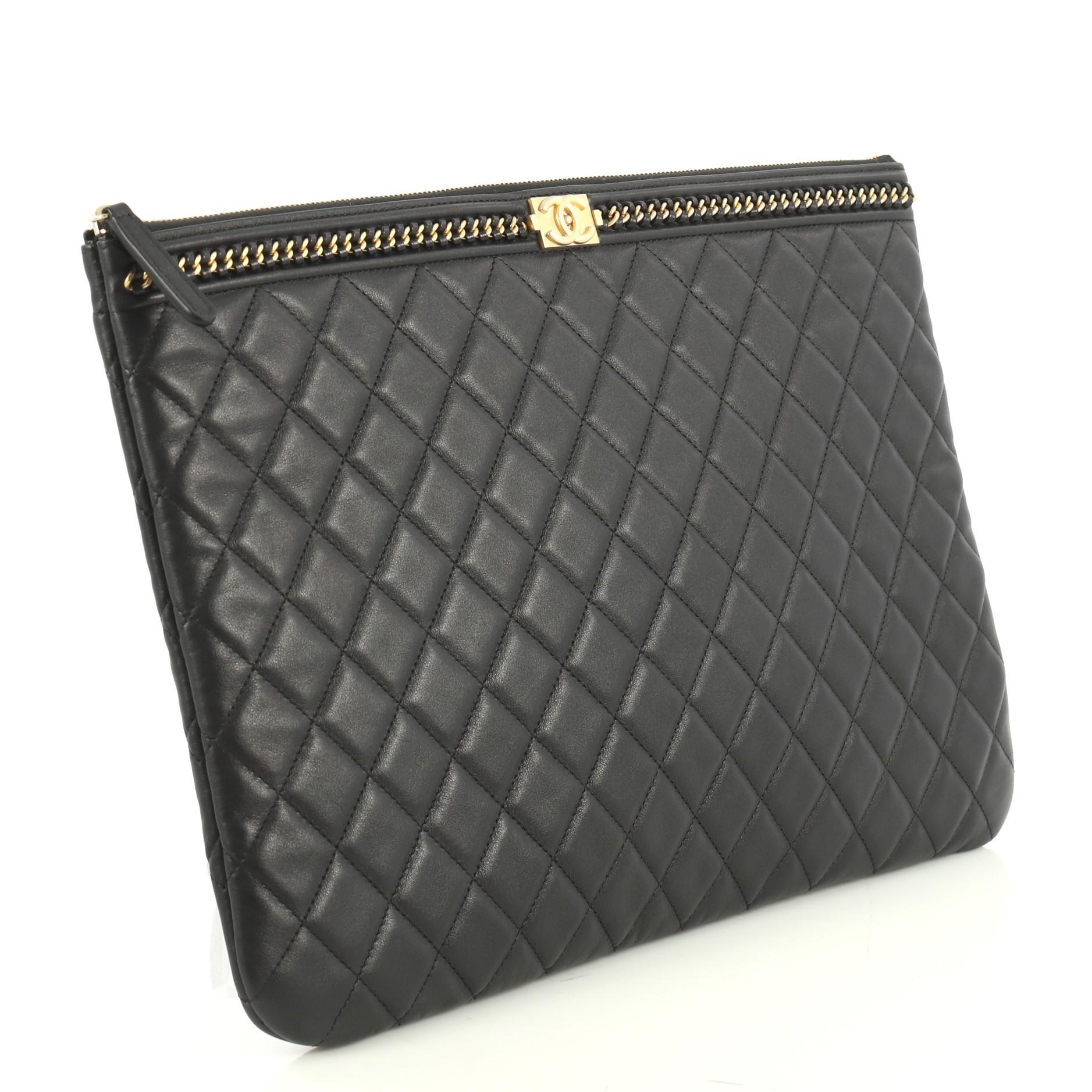 Black Chanel Boy O Case Clutch Quilted Lambskin with Chain Detail Large