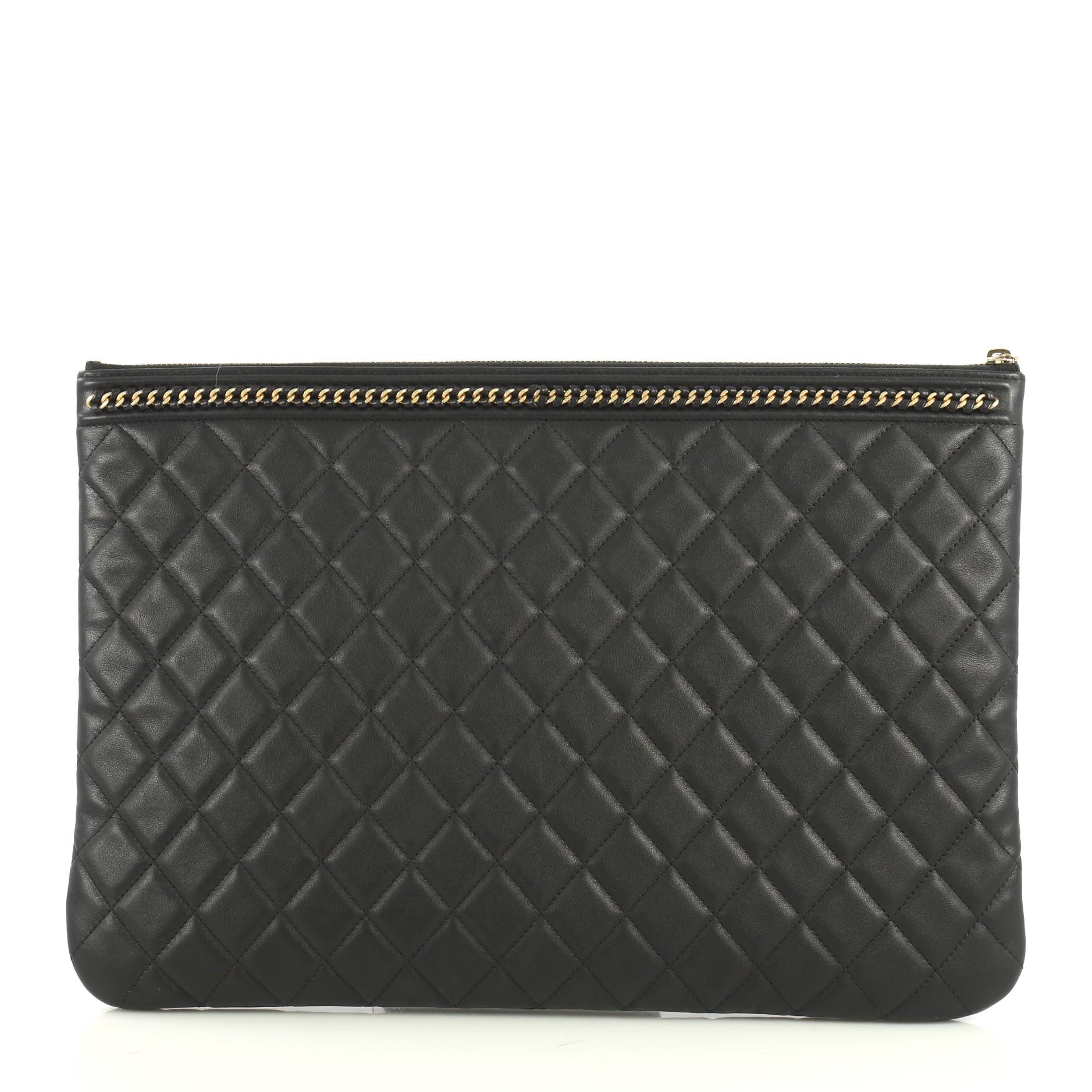 Chanel Boy O Case Clutch Quilted Lambskin with Chain Detail Large In Good Condition In NY, NY