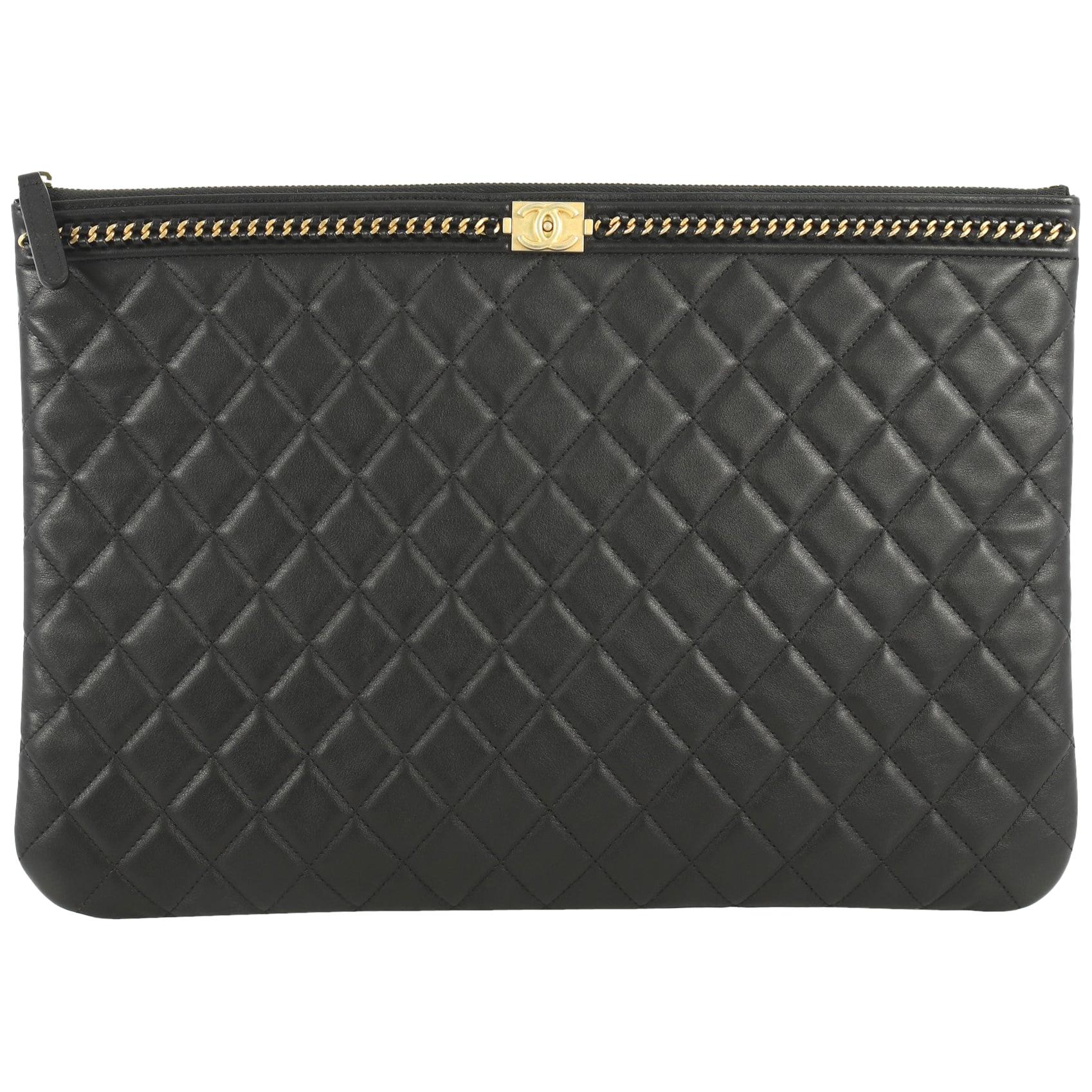 Chanel Boy O Case Clutch Quilted Lambskin with Chain Detail Large