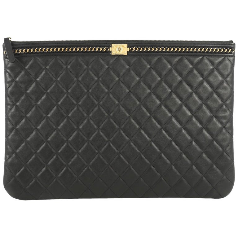 CHANEL Large Boy O Case black quilted leather chain trim flat pouch clutch  bag at 1stDibs