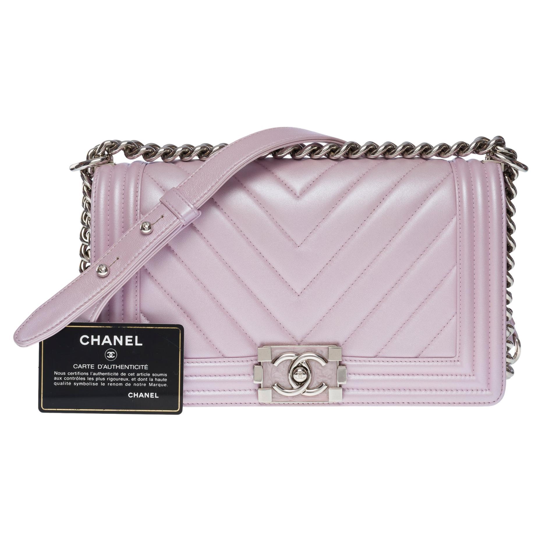 Chanel Boy Old Medium shoulder bag in lilac quilted herringbone leather, SHW For Sale