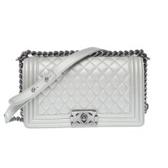 Chanel Boy Old medium shoulder bag in Metallic Silver Quilted leather, PHW !