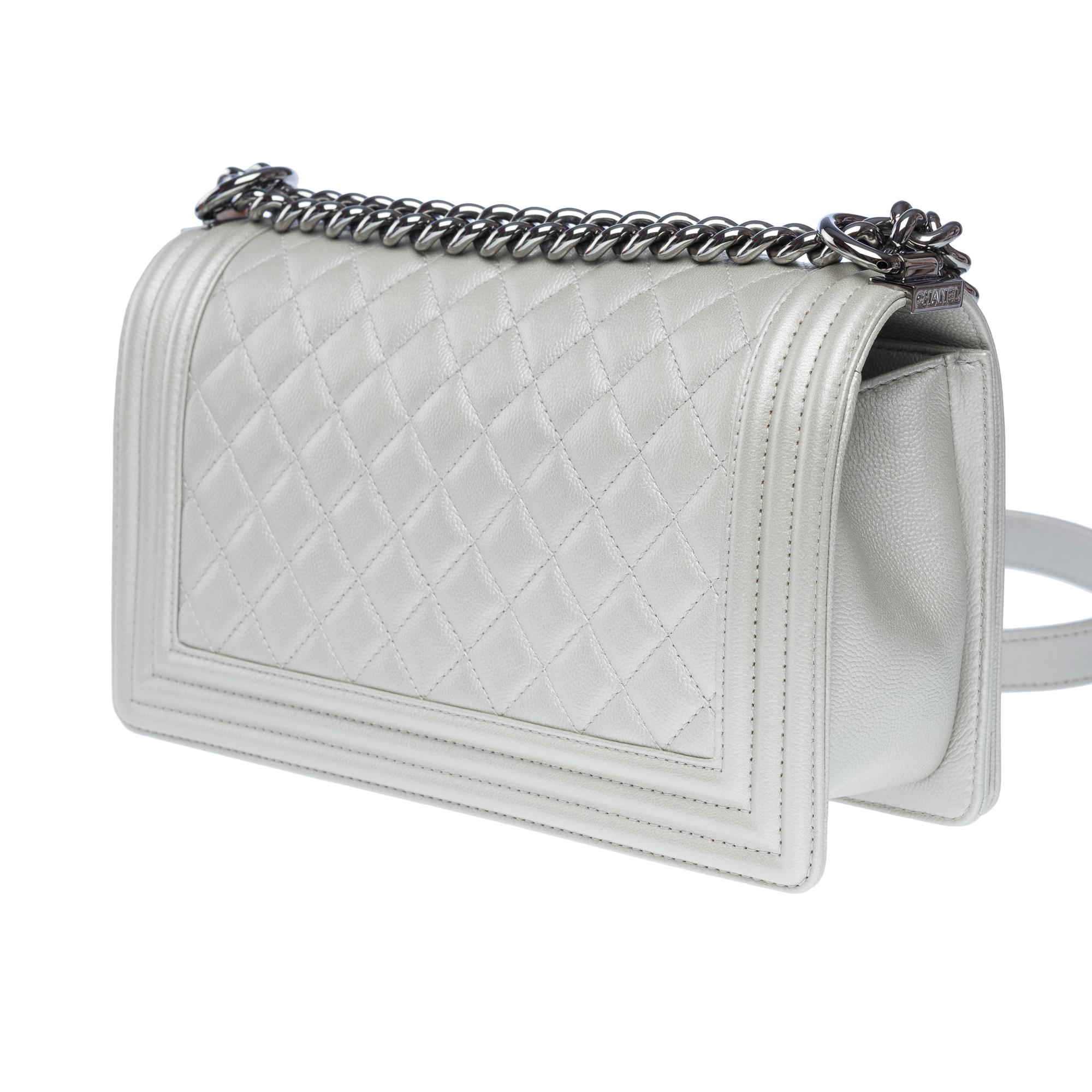 Chanel Boy Old medium shoulder bag in Metallic Silver Quilted leather, PHW ! For Sale 1