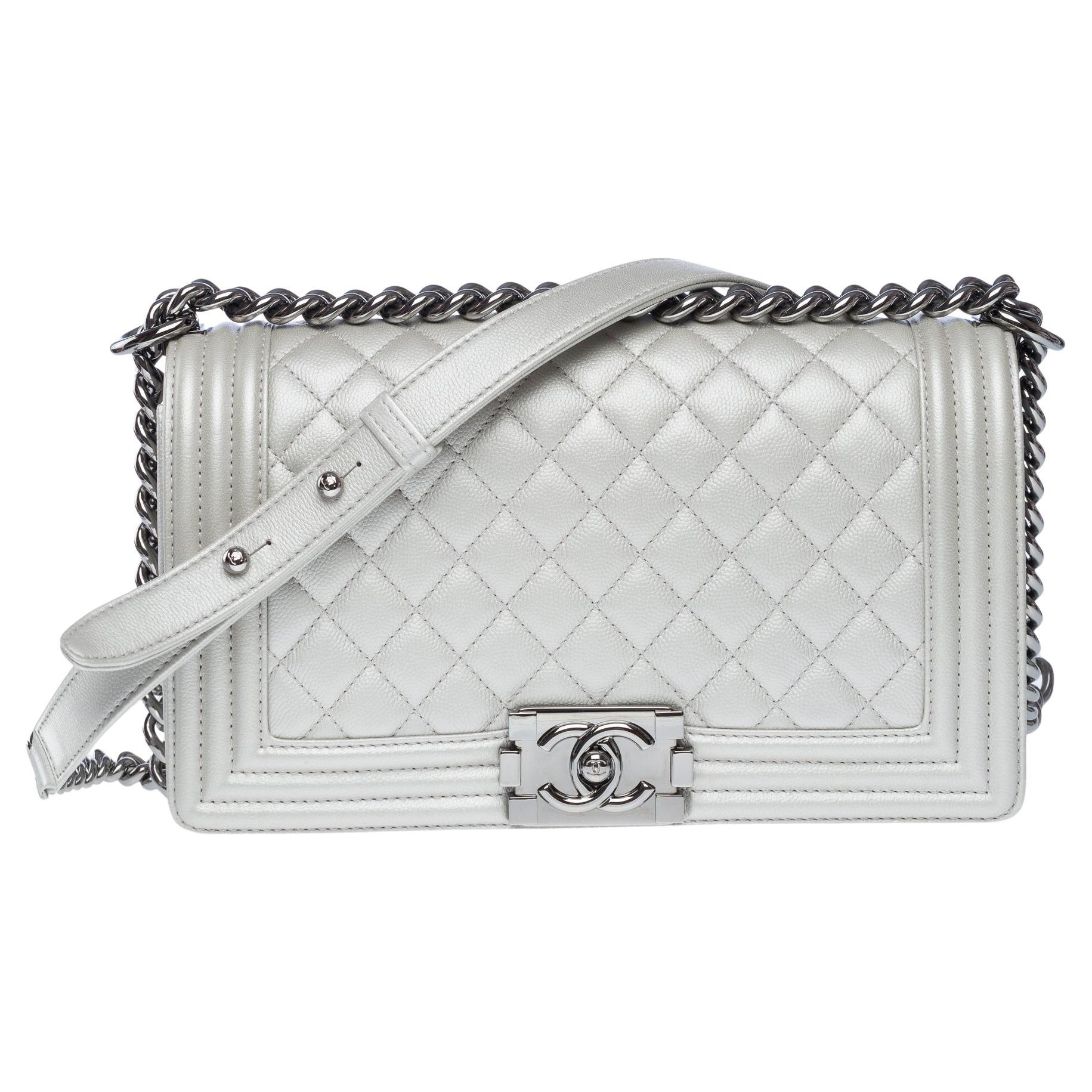 Chanel Boy Old medium shoulder bag in Metallic Silver Quilted leather, PHW ! For Sale