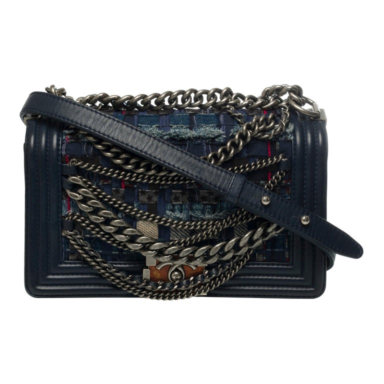 Chanel Boy Old medium shoulder bag in navy blue leather and Tweed ...
