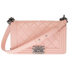 Chanel Boy Old medium shoulder bag in pink quilted leather with silver hardware