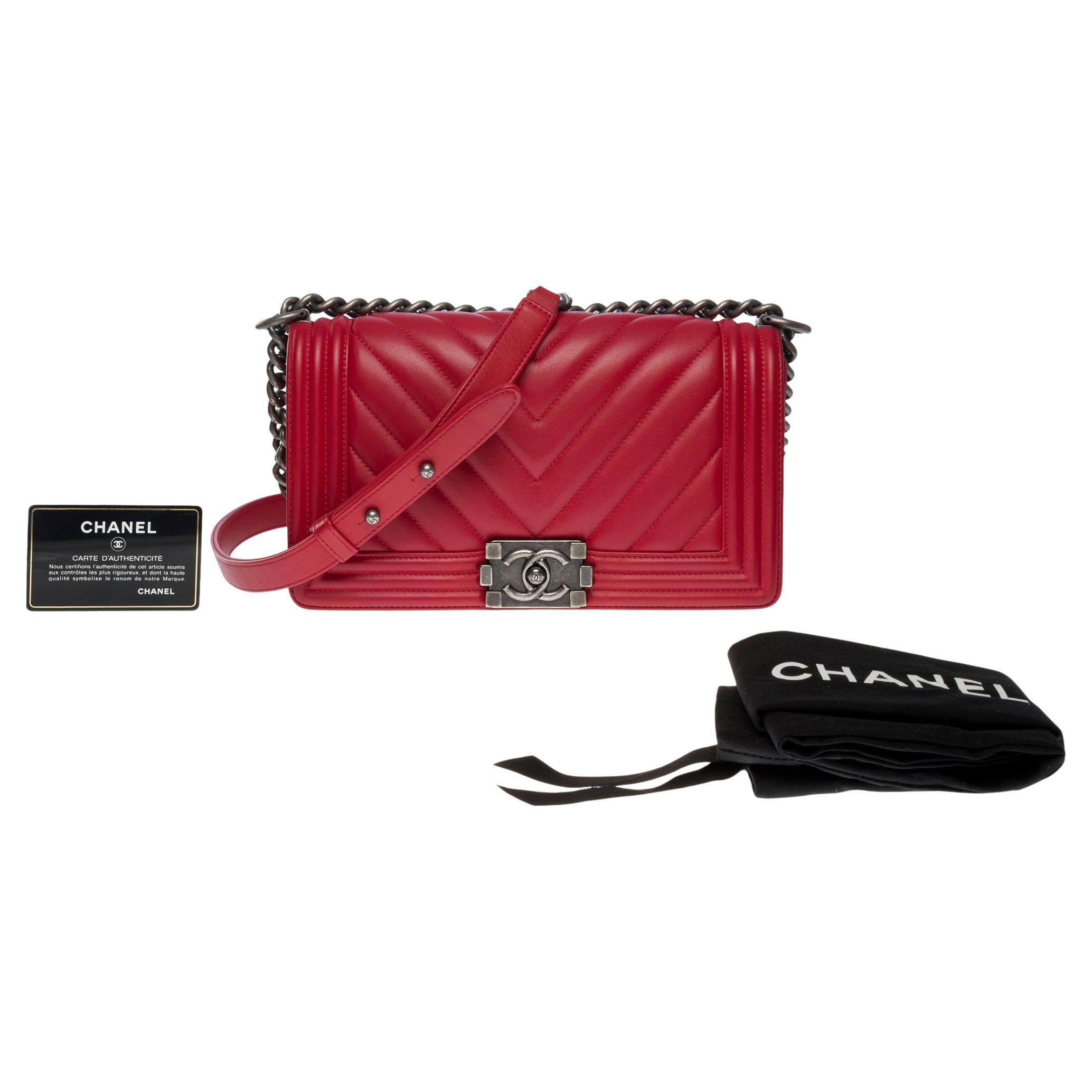Chanel Boy Old Medium shoulder bag in red quilted herringbone leather, SHW For Sale