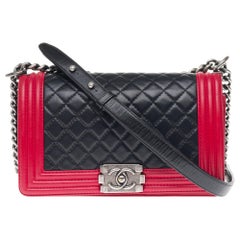 Chanel Boy Old medium(25cm) handbag in Black & Red quilted  leather, SHW !