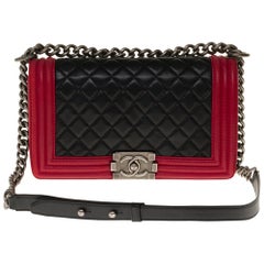 Chanel Boy Old medium(25cm) shoulder bag in Black & Red quilted  leather, SHW !