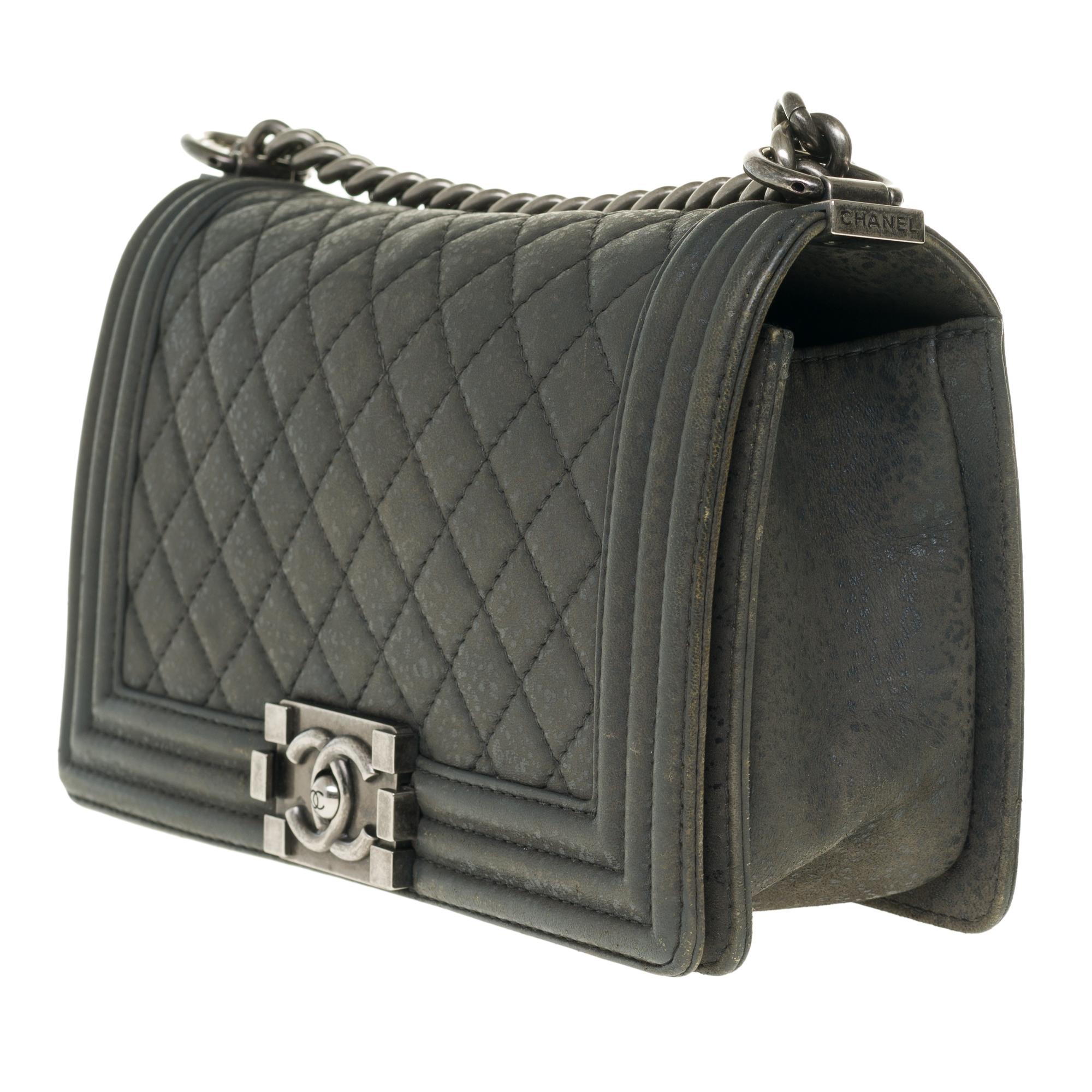 Black Chanel Boy Old medium(25cm) shoulder bag in grey aged quilted leather, SHW !
