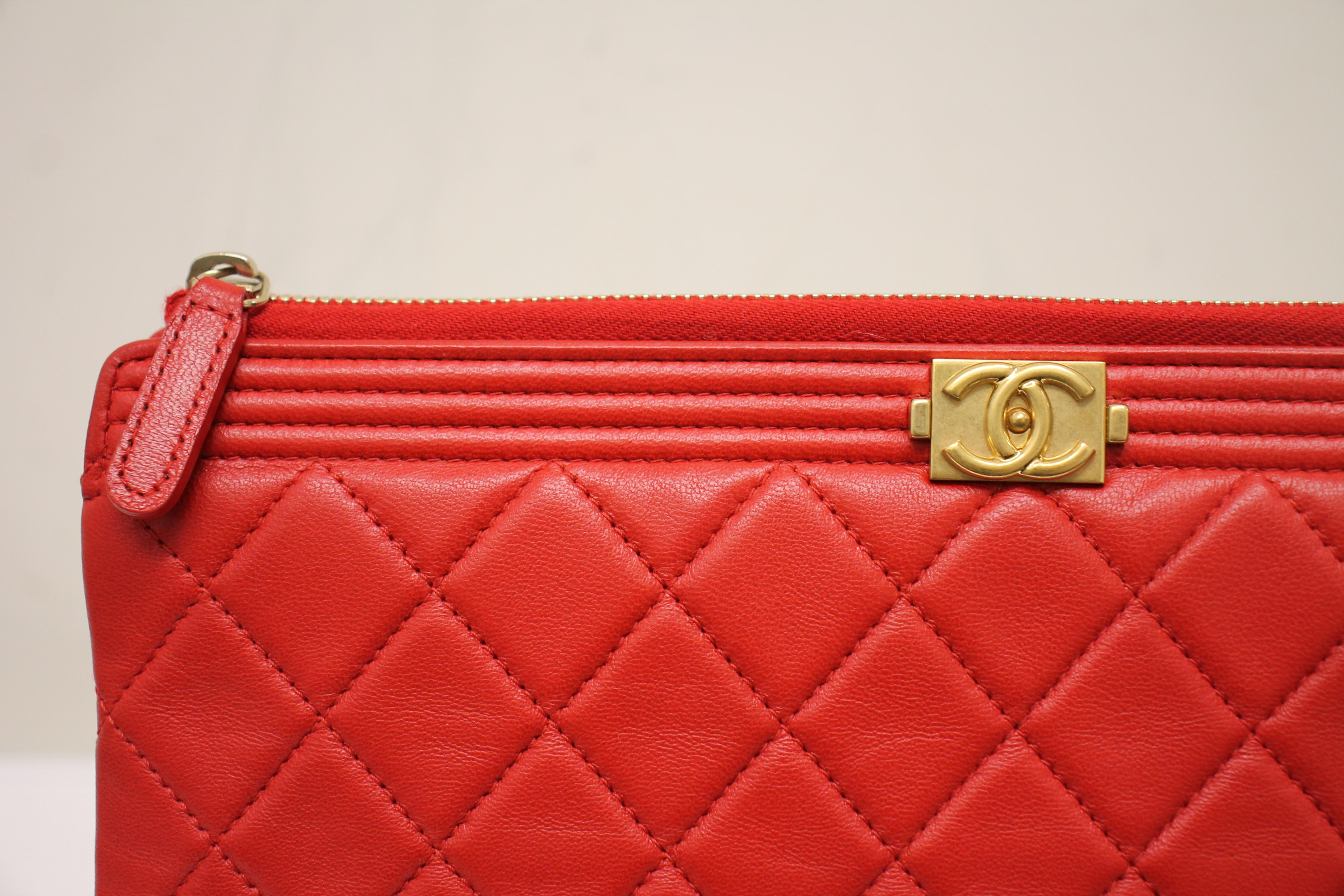 Red Chanel Boy Quilted Calfskin Clutch For Sale