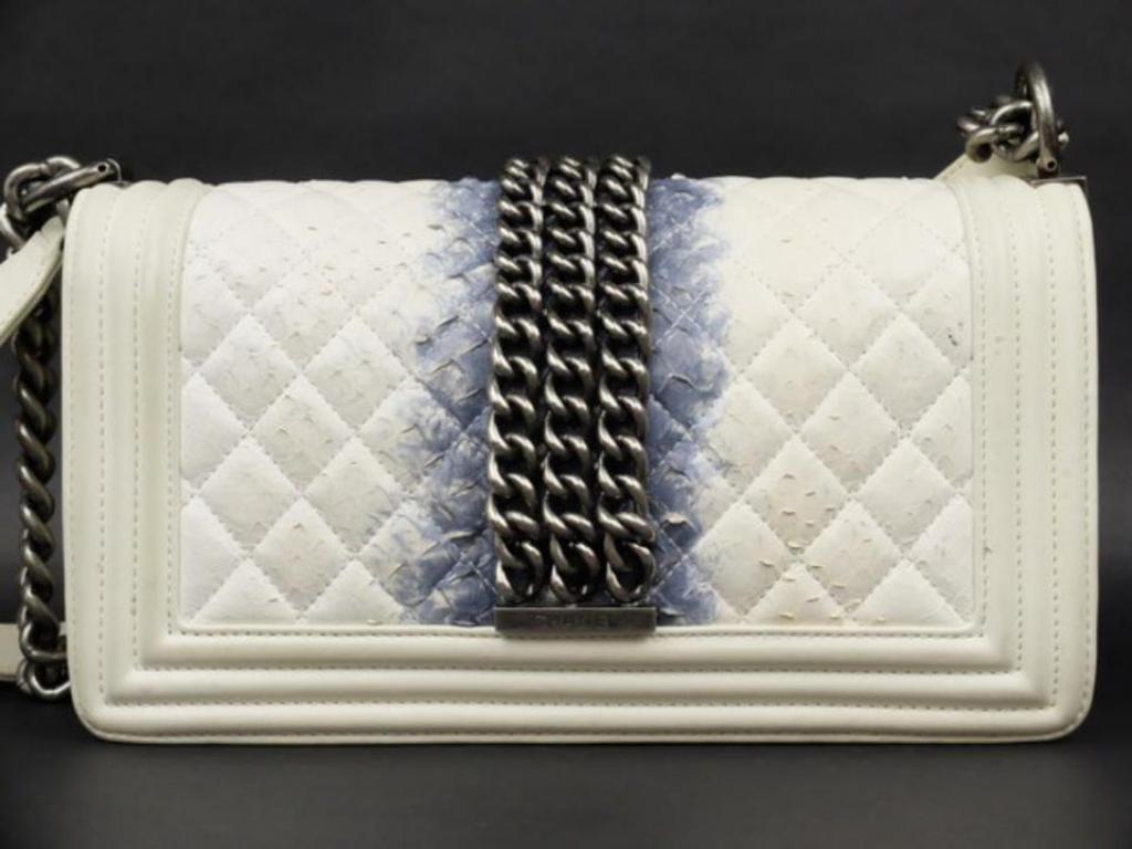 Women's Chanel Boy Quilted Chain Around 223959 Ivory X Blue Python Shoulder Bag For Sale