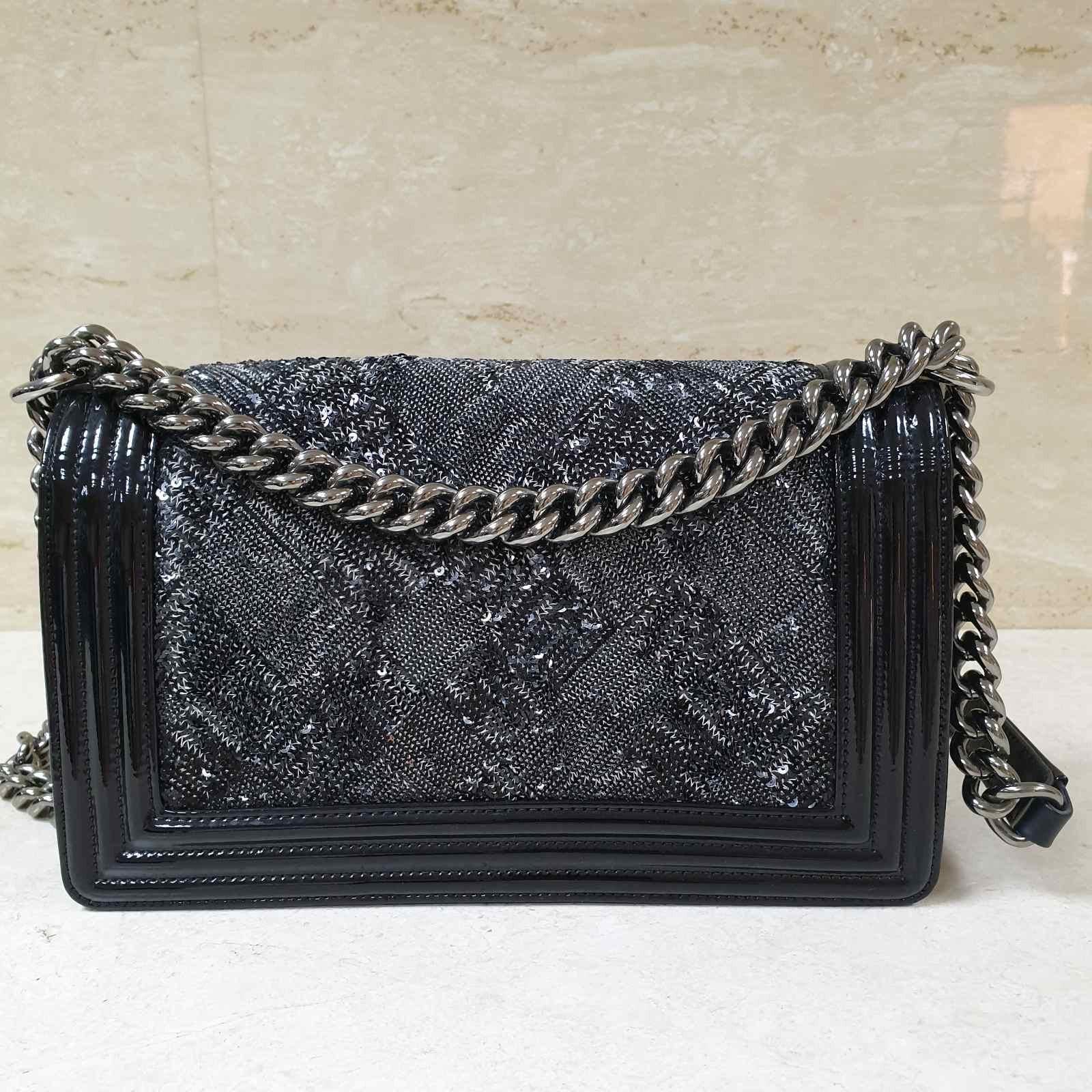 Women's Chanel Boy Sequin  Patent Leather Medium Flap Bag 