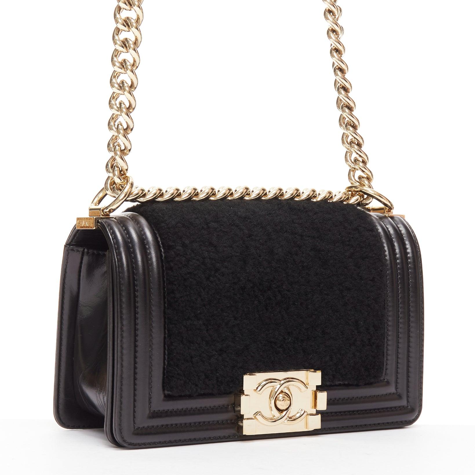 CHANEL Boy Small black shearling leather gold CC push lock chain flap bag In Good Condition For Sale In Hong Kong, NT